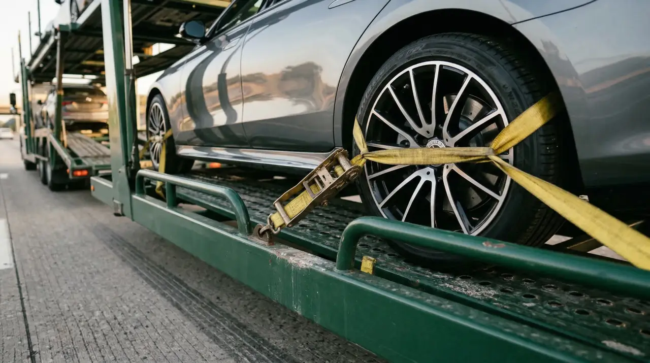Coche sujeto con correas de trinquete en el remolque de un camión portacoches